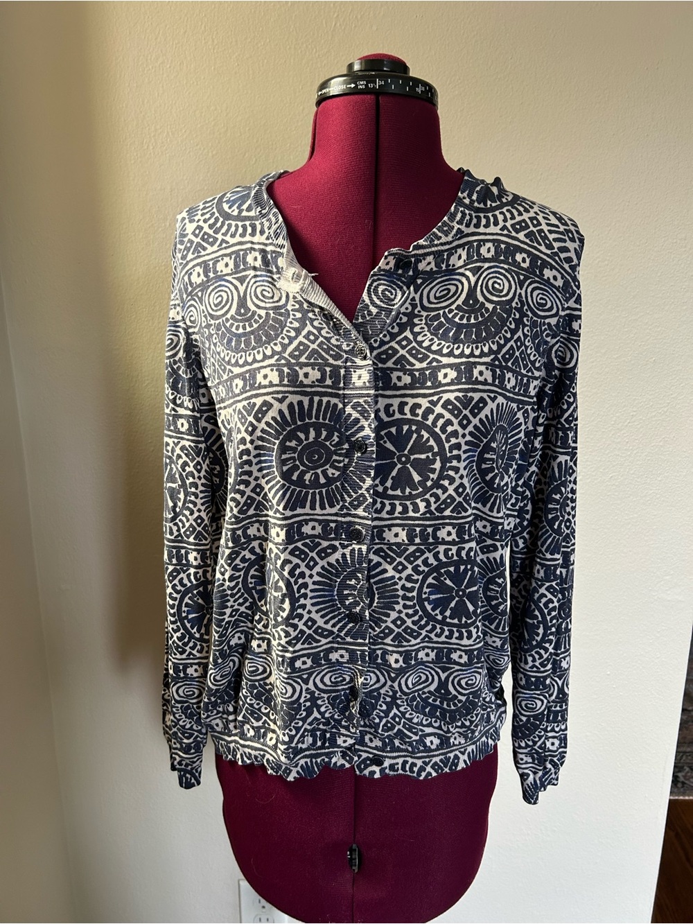 ·Tory Burch· Navy and White Patterned Silk Cardigan
